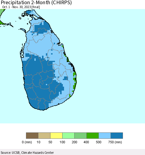 Sri Lanka Precipitation 2-Month (CHIRPS) Thematic Map For 10/1/2023 - 11/30/2023