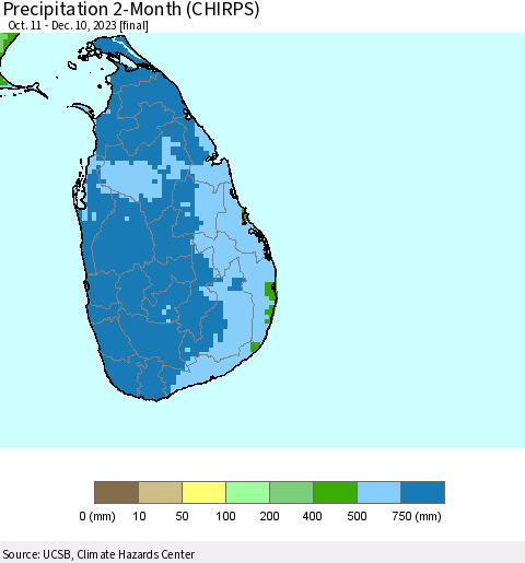 Sri Lanka Precipitation 2-Month (CHIRPS) Thematic Map For 10/11/2023 - 12/10/2023
