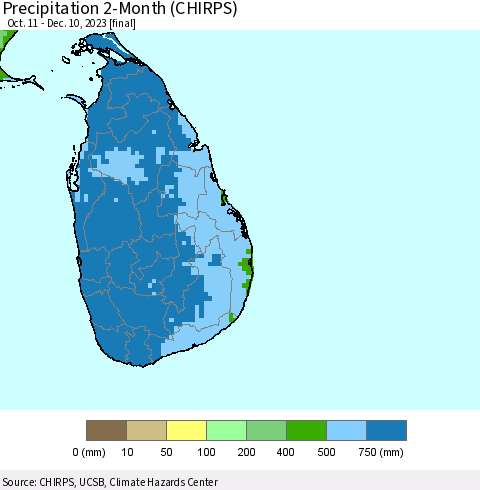 Sri Lanka Precipitation 2-Month (CHIRPS) Thematic Map For 10/11/2023 - 12/10/2023