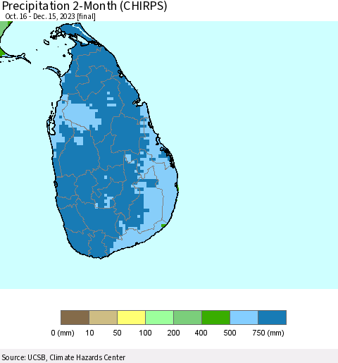 Sri Lanka Precipitation 2-Month (CHIRPS) Thematic Map For 10/16/2023 - 12/15/2023