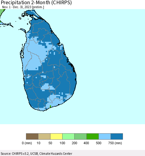 Sri Lanka Precipitation 2-Month (CHIRPS) Thematic Map For 11/1/2023 - 12/31/2023