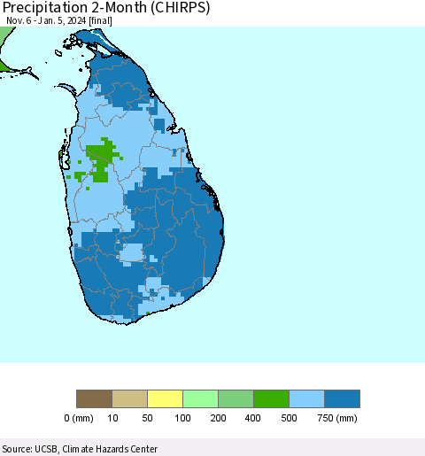 Sri Lanka Precipitation 2-Month (CHIRPS) Thematic Map For 11/6/2023 - 1/5/2024
