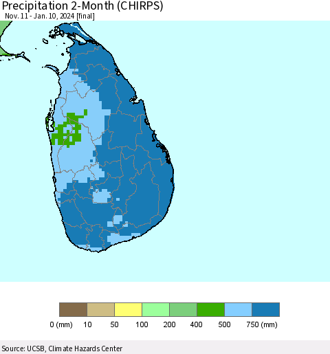 Sri Lanka Precipitation 2-Month (CHIRPS) Thematic Map For 11/11/2023 - 1/10/2024