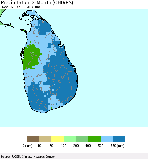 Sri Lanka Precipitation 2-Month (CHIRPS) Thematic Map For 11/16/2023 - 1/15/2024