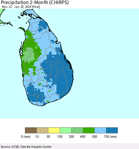 Sri Lanka Precipitation 2-Month (CHIRPS) Thematic Map For 11/21/2023 - 1/20/2024