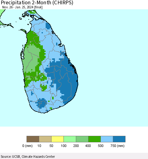 Sri Lanka Precipitation 2-Month (CHIRPS) Thematic Map For 11/26/2023 - 1/25/2024