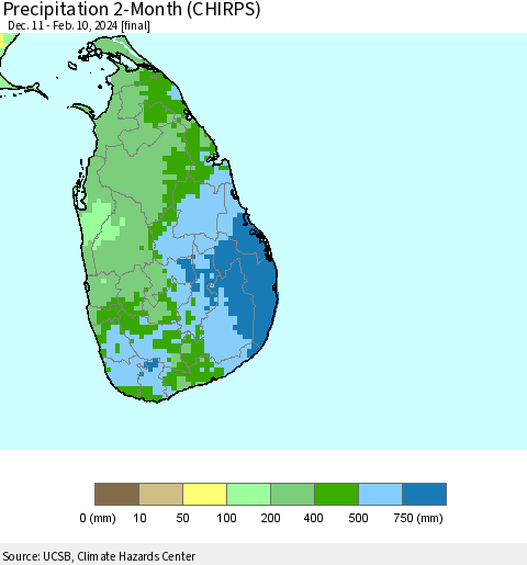 Sri Lanka Precipitation 2-Month (CHIRPS) Thematic Map For 12/11/2023 - 2/10/2024