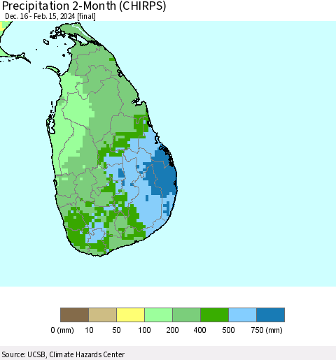 Sri Lanka Precipitation 2-Month (CHIRPS) Thematic Map For 12/16/2023 - 2/15/2024