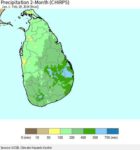 Sri Lanka Precipitation 2-Month (CHIRPS) Thematic Map For 1/1/2024 - 2/29/2024