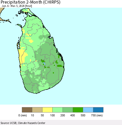 Sri Lanka Precipitation 2-Month (CHIRPS) Thematic Map For 1/6/2024 - 3/5/2024