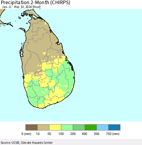 Sri Lanka Precipitation 2-Month (CHIRPS) Thematic Map For 1/11/2024 - 3/10/2024