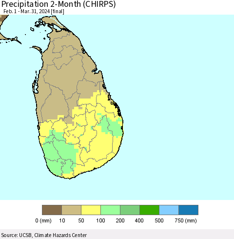 Sri Lanka Precipitation 2-Month (CHIRPS) Thematic Map For 2/1/2024 - 3/31/2024