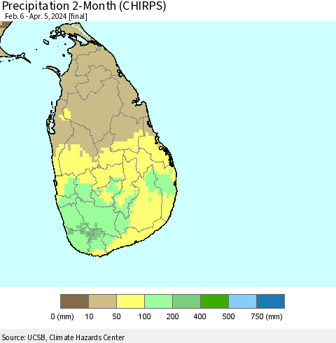 Sri Lanka Precipitation 2-Month (CHIRPS) Thematic Map For 2/6/2024 - 4/5/2024
