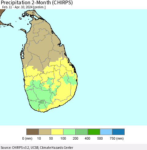 Sri Lanka Precipitation 2-Month (CHIRPS) Thematic Map For 2/11/2024 - 4/10/2024