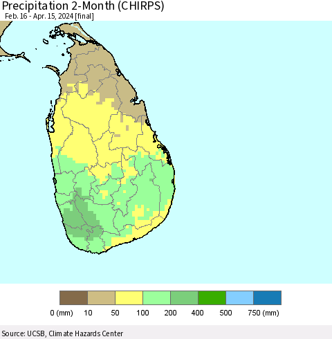 Sri Lanka Precipitation 2-Month (CHIRPS) Thematic Map For 2/16/2024 - 4/15/2024