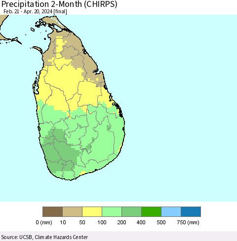 Sri Lanka Precipitation 2-Month (CHIRPS) Thematic Map For 2/21/2024 - 4/20/2024
