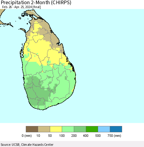 Sri Lanka Precipitation 2-Month (CHIRPS) Thematic Map For 2/26/2024 - 4/25/2024