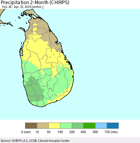 Sri Lanka Precipitation 2-Month (CHIRPS) Thematic Map For 2/26/2024 - 4/25/2024