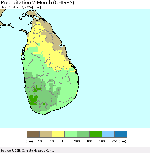Sri Lanka Precipitation 2-Month (CHIRPS) Thematic Map For 3/1/2024 - 4/30/2024