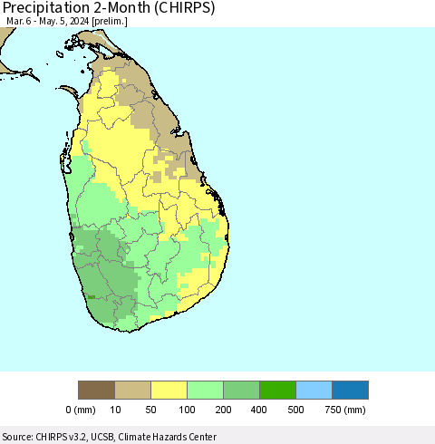 Sri Lanka Precipitation 2-Month (CHIRPS) Thematic Map For 3/6/2024 - 5/5/2024