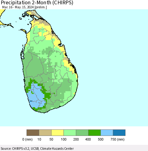 Sri Lanka Precipitation 2-Month (CHIRPS) Thematic Map For 3/16/2024 - 5/15/2024