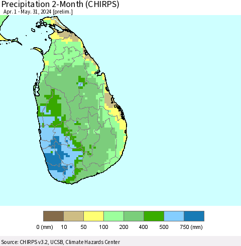 Sri Lanka Precipitation 2-Month (CHIRPS) Thematic Map For 4/1/2024 - 5/31/2024