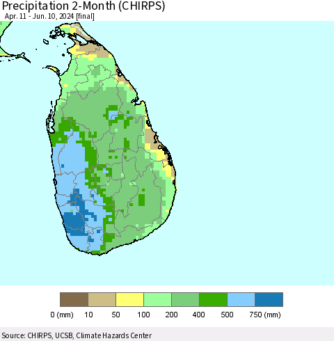 Sri Lanka Precipitation 2-Month (CHIRPS) Thematic Map For 4/11/2024 - 6/10/2024