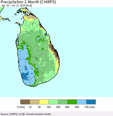 Sri Lanka Precipitation 2-Month (CHIRPS) Thematic Map For 4/16/2024 - 6/15/2024