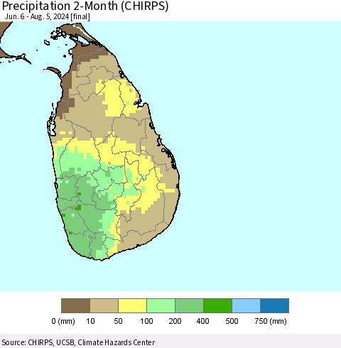 Sri Lanka Precipitation 2-Month (CHIRPS) Thematic Map For 6/6/2024 - 8/5/2024