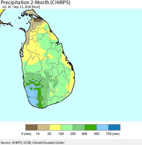 Sri Lanka Precipitation 2-Month (CHIRPS) Thematic Map For 7/16/2024 - 9/15/2024