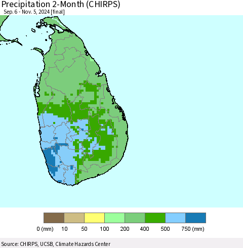 Sri Lanka Precipitation 2-Month (CHIRPS) Thematic Map For 9/6/2024 - 11/5/2024