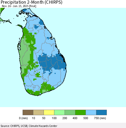Sri Lanka Precipitation 2-Month (CHIRPS) Thematic Map For 11/16/2024 - 1/15/2025