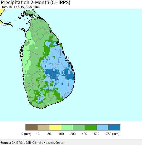 Sri Lanka Precipitation 2-Month (CHIRPS) Thematic Map For 12/16/2024 - 2/15/2025