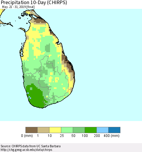 Sri Lanka Precipitation 10-Day (CHIRPS) Thematic Map For 5/21/2019 - 5/31/2019