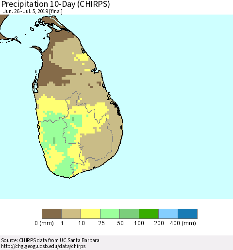 Sri Lanka Precipitation 10-Day (CHIRPS) Thematic Map For 6/26/2019 - 7/5/2019