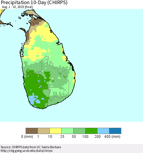 Sri Lanka Precipitation 10-Day (CHIRPS) Thematic Map For 8/1/2019 - 8/10/2019