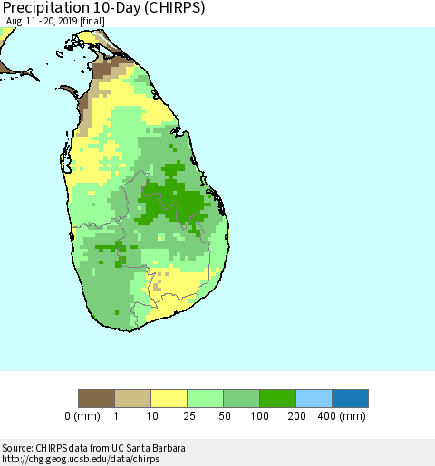 Sri Lanka Precipitation 10-Day (CHIRPS) Thematic Map For 8/11/2019 - 8/20/2019