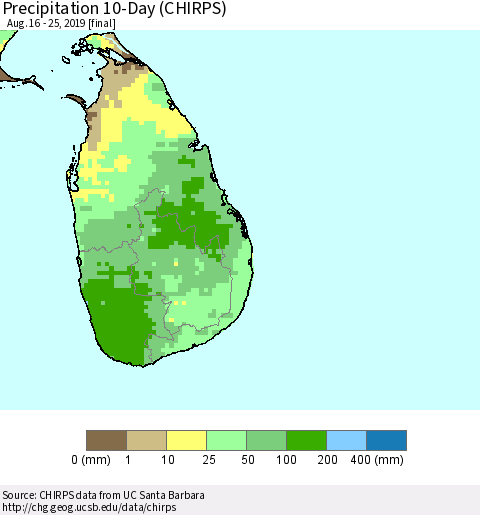 Sri Lanka Precipitation 10-Day (CHIRPS) Thematic Map For 8/16/2019 - 8/25/2019