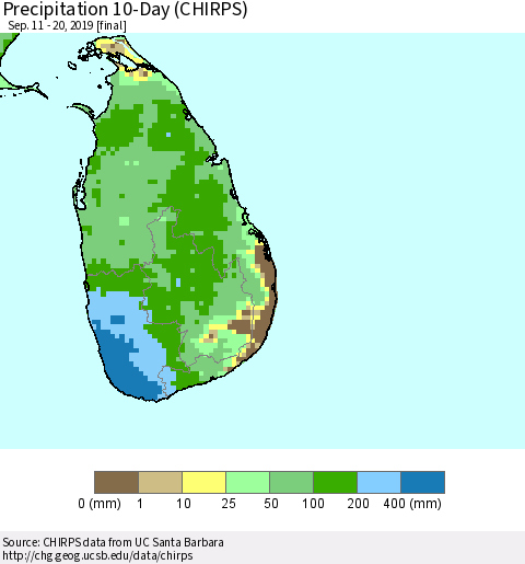 Sri Lanka Precipitation 10-Day (CHIRPS) Thematic Map For 9/11/2019 - 9/20/2019