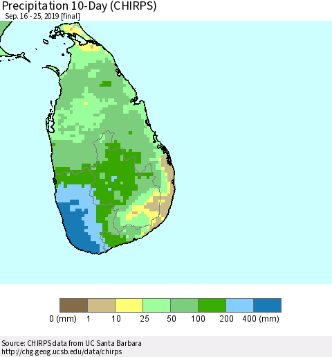 Sri Lanka Precipitation 10-Day (CHIRPS) Thematic Map For 9/16/2019 - 9/25/2019