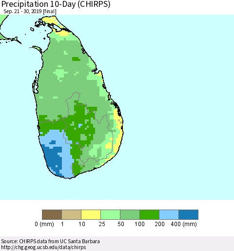 Sri Lanka Precipitation 10-Day (CHIRPS) Thematic Map For 9/21/2019 - 9/30/2019