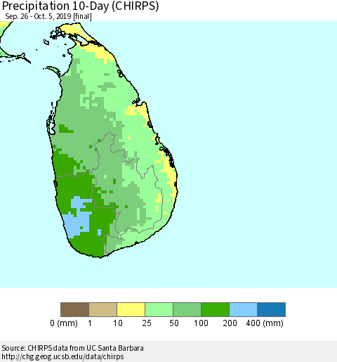 Sri Lanka Precipitation 10-Day (CHIRPS) Thematic Map For 9/26/2019 - 10/5/2019