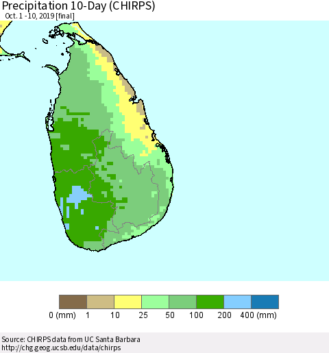Sri Lanka Precipitation 10-Day (CHIRPS) Thematic Map For 10/1/2019 - 10/10/2019