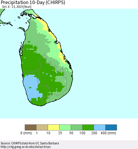 Sri Lanka Precipitation 10-Day (CHIRPS) Thematic Map For 10/6/2019 - 10/15/2019