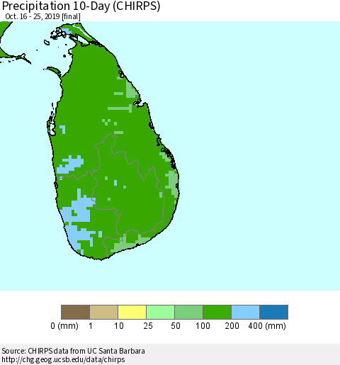 Sri Lanka Precipitation 10-Day (CHIRPS) Thematic Map For 10/16/2019 - 10/25/2019