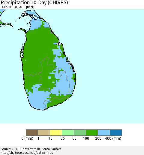 Sri Lanka Precipitation 10-Day (CHIRPS) Thematic Map For 10/21/2019 - 10/31/2019
