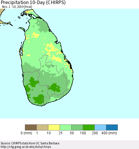 Sri Lanka Precipitation 10-Day (CHIRPS) Thematic Map For 11/1/2019 - 11/10/2019
