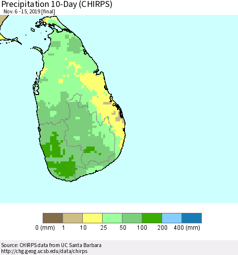 Sri Lanka Precipitation 10-Day (CHIRPS) Thematic Map For 11/6/2019 - 11/15/2019