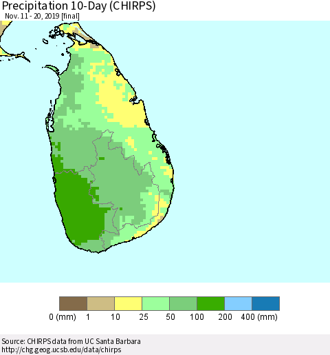 Sri Lanka Precipitation 10-Day (CHIRPS) Thematic Map For 11/11/2019 - 11/20/2019