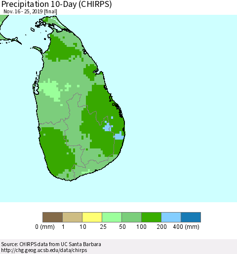Sri Lanka Precipitation 10-Day (CHIRPS) Thematic Map For 11/16/2019 - 11/25/2019
